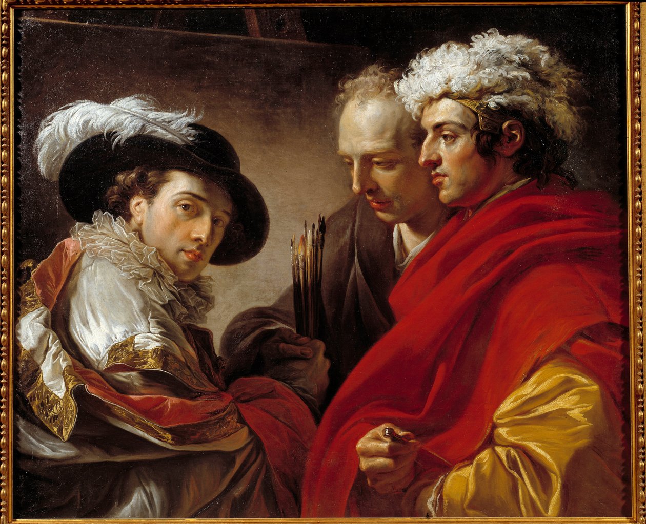 Kolmen miehen muotokuva (taiteilija, arkkitehti Pierre Rousseau ja tuntematon) François Andre Vincentin (1746-1816) maalaus 1775 su. 0,81x0,98 m. tekijältä François André Vincent