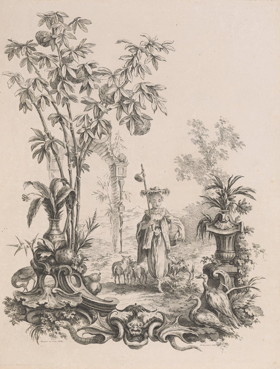 Nuori kiinalainen tyttö kävelee, lampaidensa ympäröimänä, n. 1740-50. tekijältä Francois Antoine Aveline
