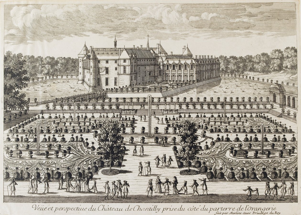 Näkymä Chateau de Chantillylle Orangeriesta, 1700-luvun puoliväli tekijältä Francois Antoine Aveline