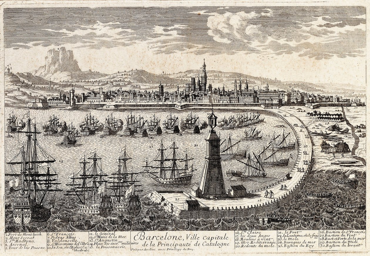 Näkymä kaupunkiin ja Barcelonan satamaan 1700-luvulla. Kaiverrus Francois Antoine Aveline Barcelona, Museu d