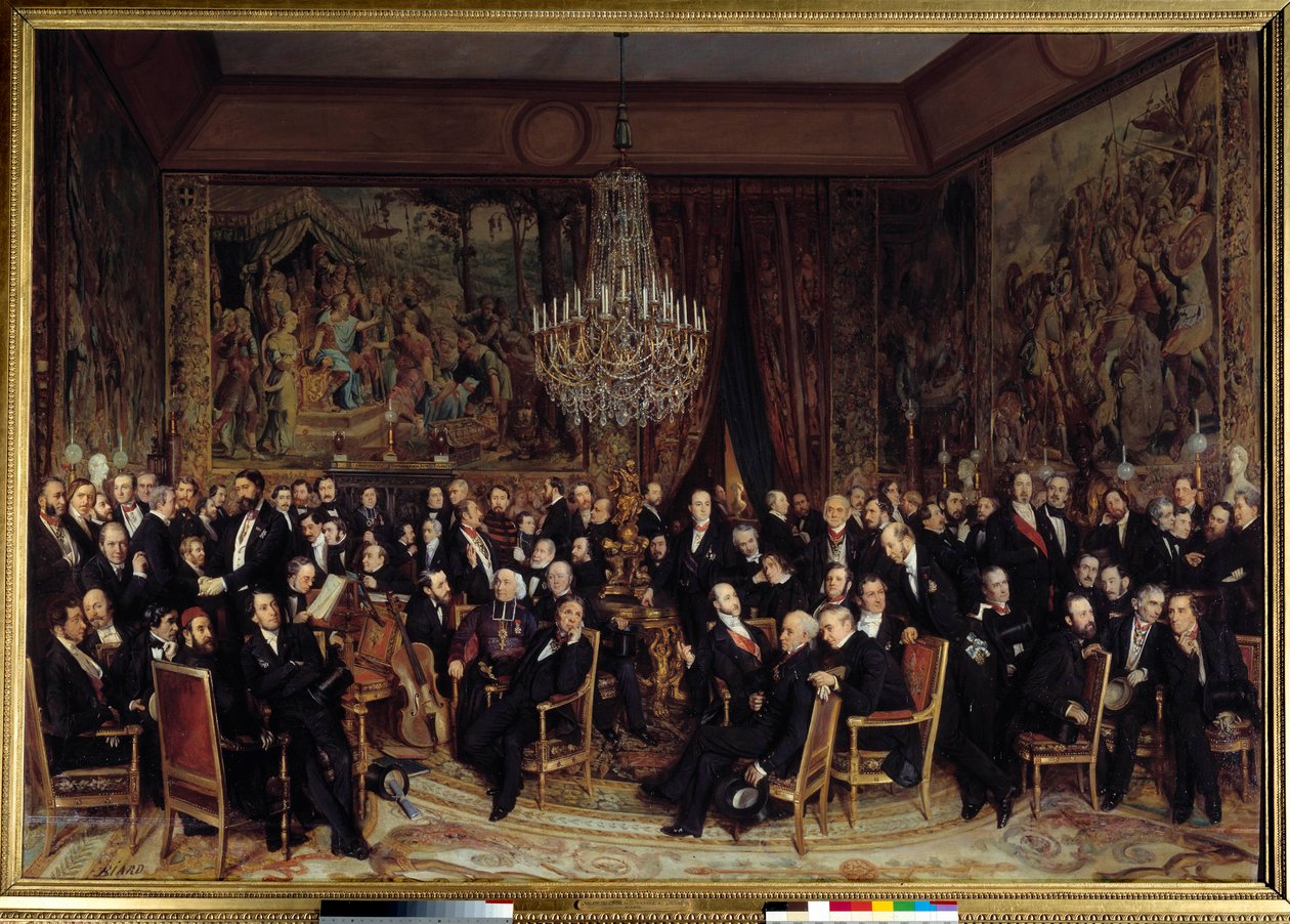 Ilta Louvressa Nieuwerkerken kreivin kanssa Lahjojen joukossa: Francois Marcellin Certain de Canrobert (1809-1895), Eugene Delacroix (1798-1863), Camille Doucet (1812-1895), Jacques Fromental Levy dit Halevy (162)9-179 , paroni Georges Haussmann ( tekijältä François Auguste Biard