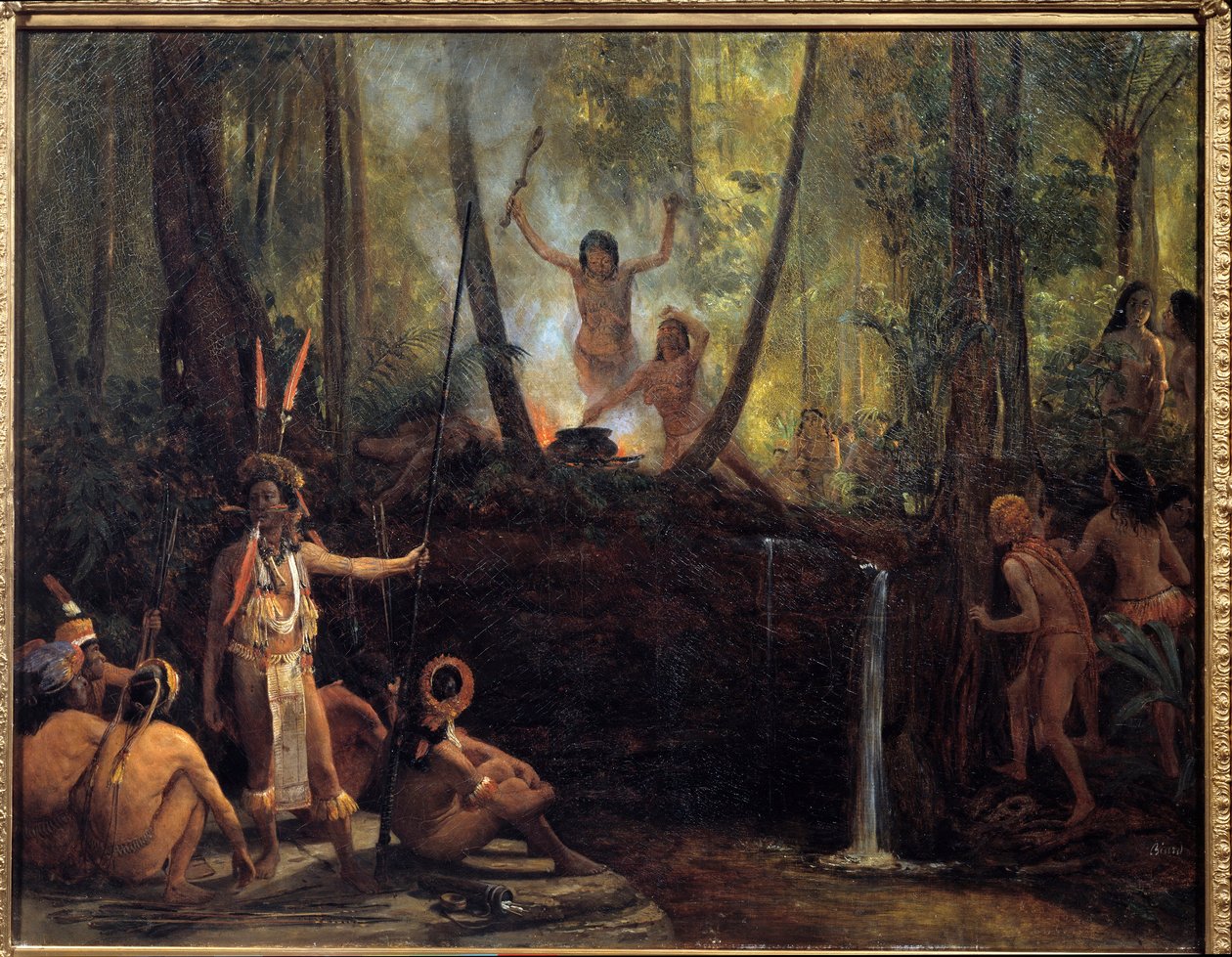 Kuraren valmistus bresilian metsässä Kuraren, lamaantumista aiheuttavan aineen, joka on otettu Amazonin puiden viiniköynnöksistä. François Auguste Biardin (1799-1882) maalaus 1800-luvun La Rochelle, Musee du Nouveau Monde tekijältä François Auguste Biard