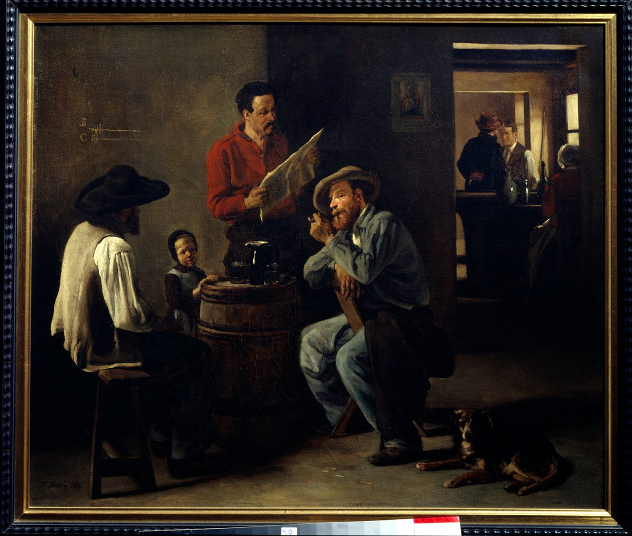 Kabareen sisustus Kaksi tavernassa istuvaa miestä kuuntelee sanomalehteä. François Bonvinin (1817-1887) maalaus 1859 Arras, Musee des Beaux Arts. tekijältä François Bonvin