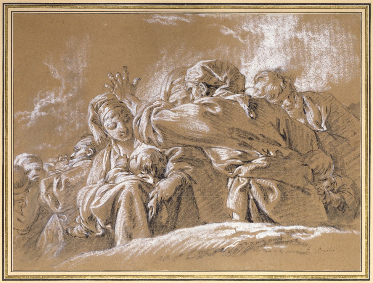 Äiti ja lapsi ja muut hahmot alhaalta katsottuna (liitu) tekijältä François Boucher
