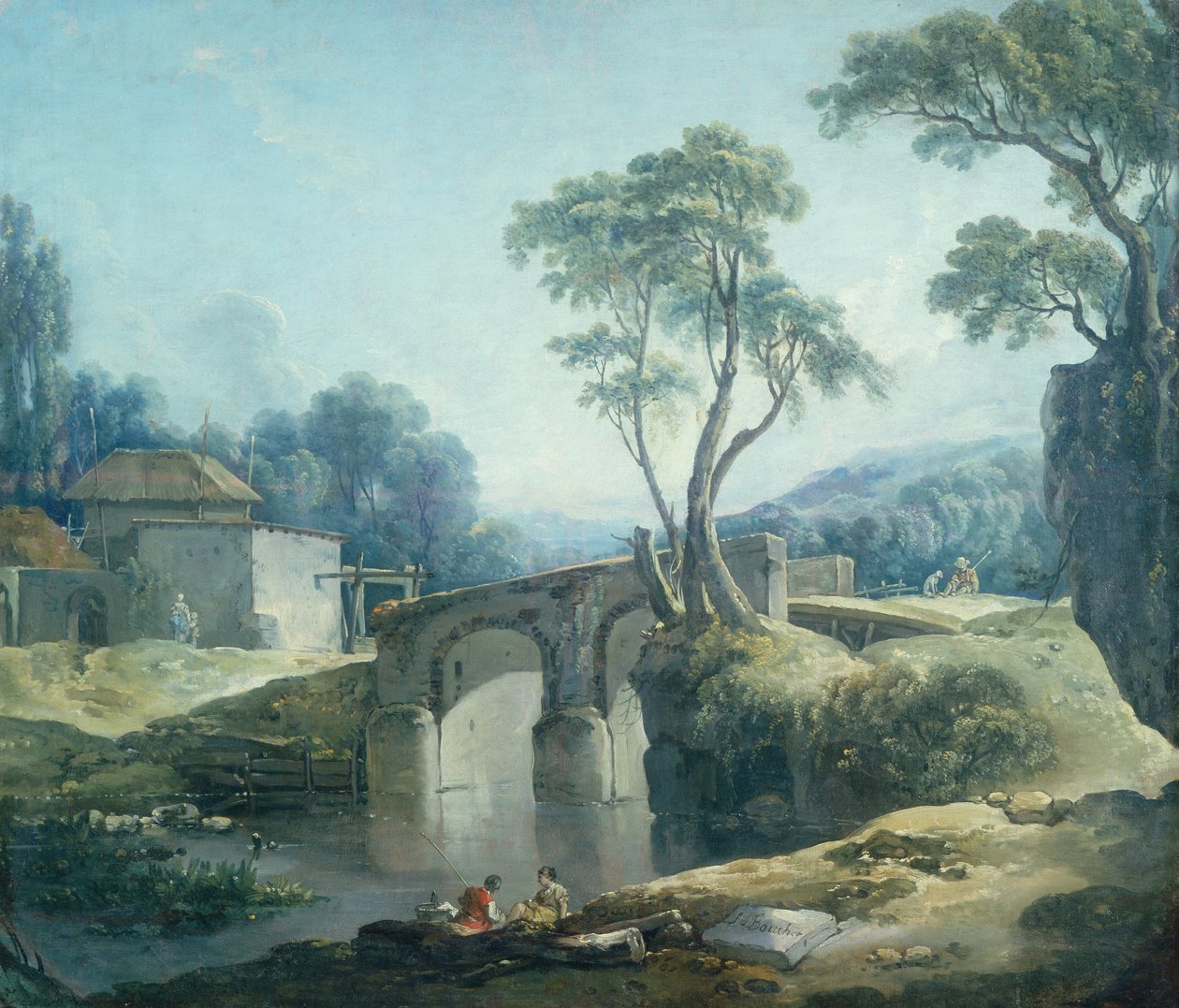 Metsäinen maisema, jossa on silta joen yli (öljy kankaalle) tekijältä François Boucher