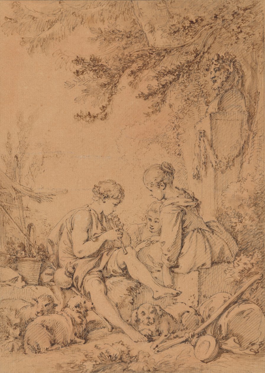 Nuori paimen, joka soittaa huilua kahdelle nuorelle paimenelle tekijältä François Boucher
