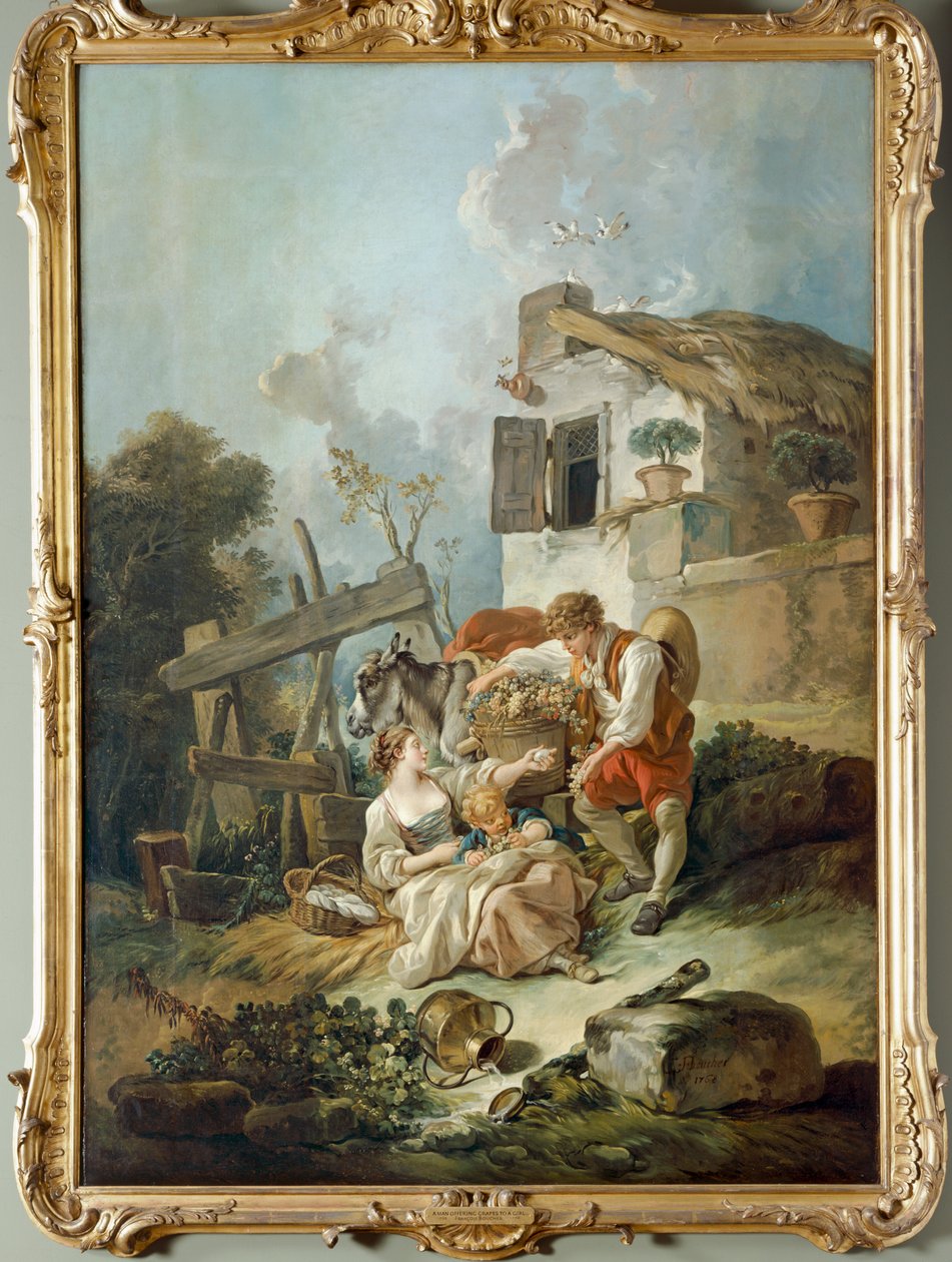Mies tarjoaa viinirypäleitä tytölle tekijältä François Boucher