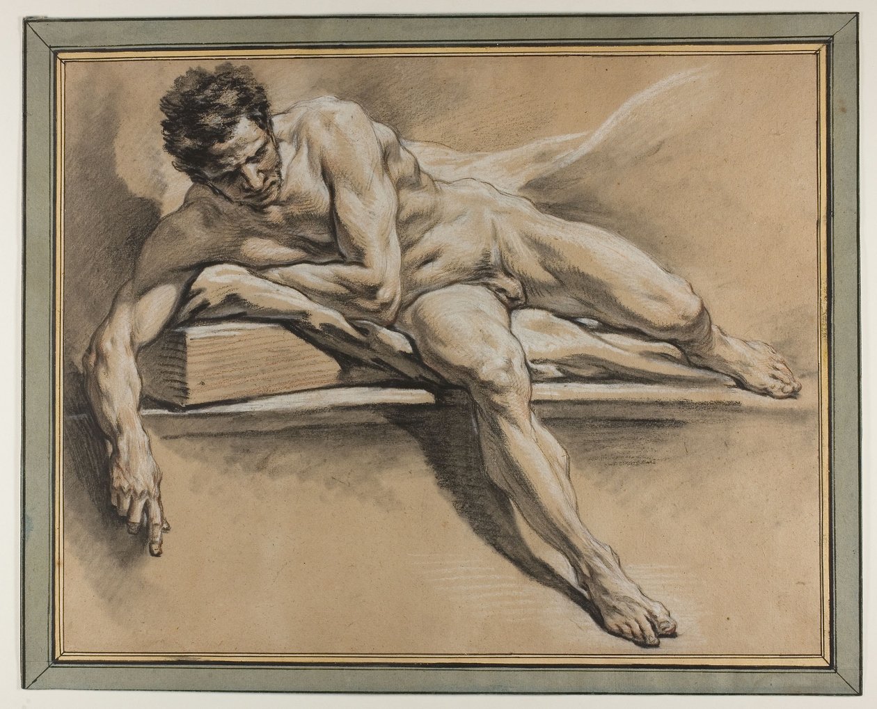Akateeminen makuuasennossa olevan miesaktin opinnäytetyö, noin 1750 (mustaa, punaista ja valkoista liitua paperille). tekijältä François Boucher