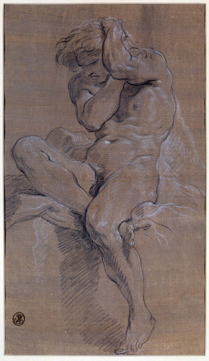 Istuvan alaston miehen akatemia, Francois Boucherin (1703-1770) piirros punaisella verellä 1700-luvun Pariisi, Louvre-museo tekijältä François Boucher