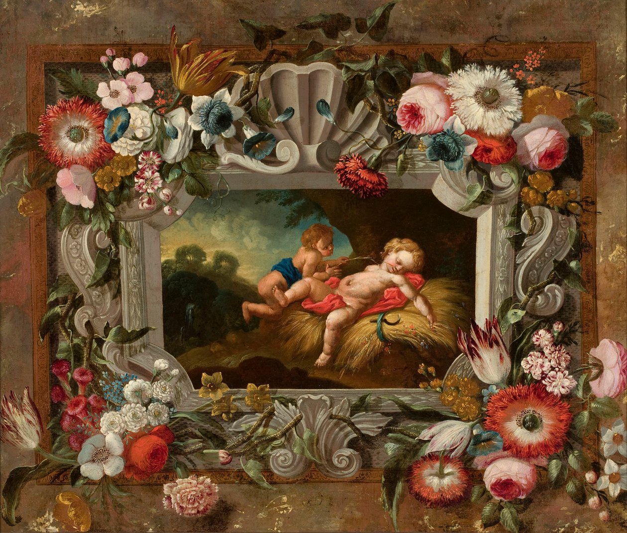 Kesän allegoria kukkakehyksessä tekijältä François Boucher