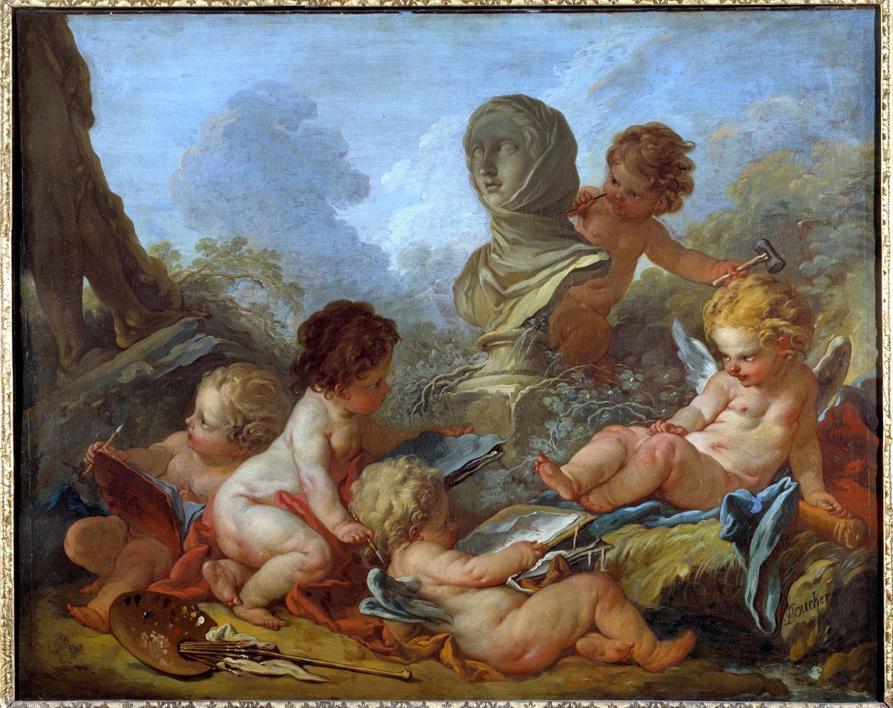 Allegorie des Arts Viisi pientä rakkautta, jotka liittyvät eri taiteisiin (veistos, maalaus...) François Boucherin (1703-1770) maalaus 1700-luvun Troyes, Musee des Beaux Arts - Taiteen allegooria. Viisi pientä kupidosta, jotka liittyvät eri taiteisiin (vei tekijältä François Boucher
