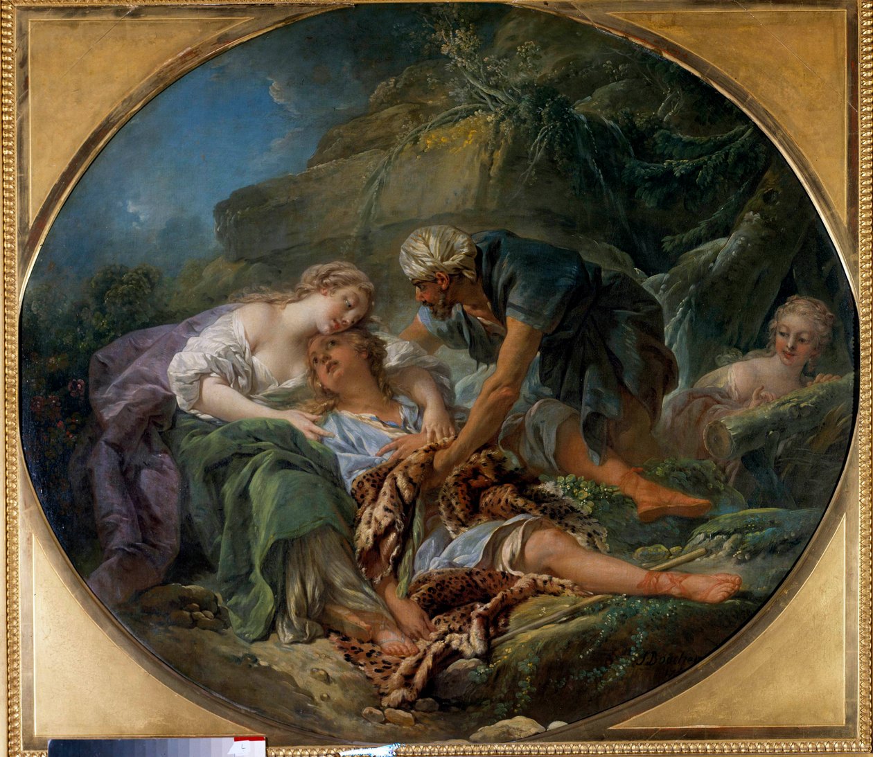Amintas (tai Amyntas) palaa elämään Sylvien sylissä Panin pojanpoika palaa hänen luokseen Sylvien sylissä, johon hän on rakastunut.” François Boucherin (1703-1770) maalaus. 1756. Dim. 1,20 x 1,36 m Tours, Musee des Beaux Arts tekijältä François Boucher