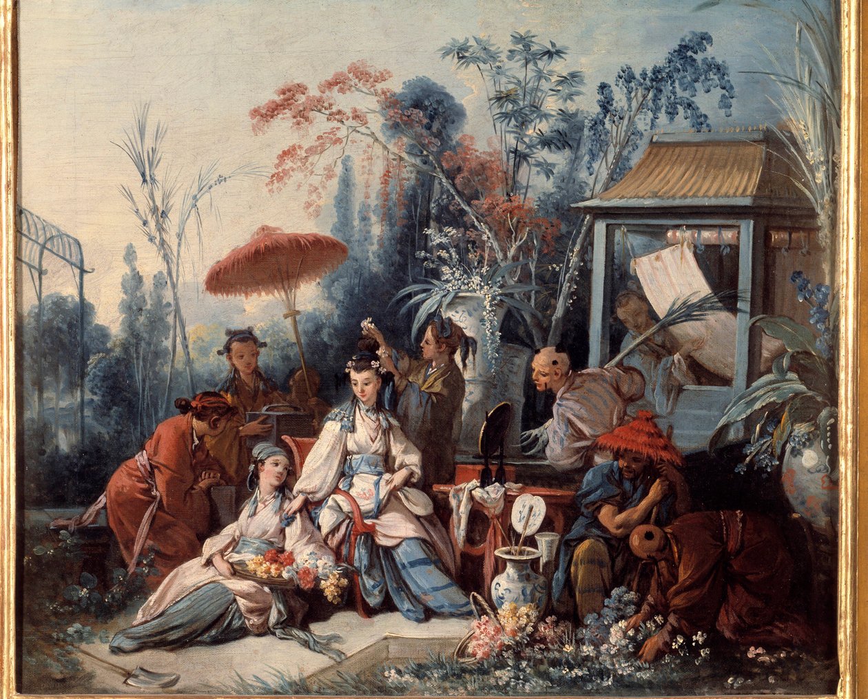 Kiinalainen puutarhakohtaus Chinoiseriesista, joka kuvaa nuorta naista palvelijoiden ympäröimänä. Francois Boucherin maalaus (1703-1770) tekijältä François Boucher