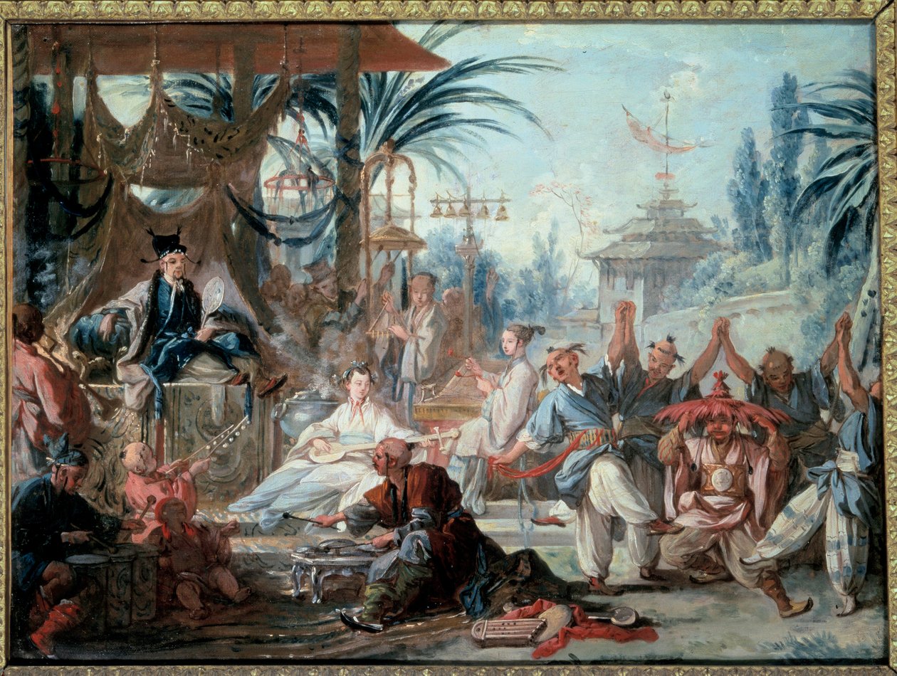 Chinoiserie: "" Chinese dance""" Viihdekohtaus keisarillisen hovin muusikoiden ja tanssijoiden kanssa. François Boucherin (1703-1770) maalaus 1740 Besancon, Musee des Beaux Arts tekijältä François Boucher