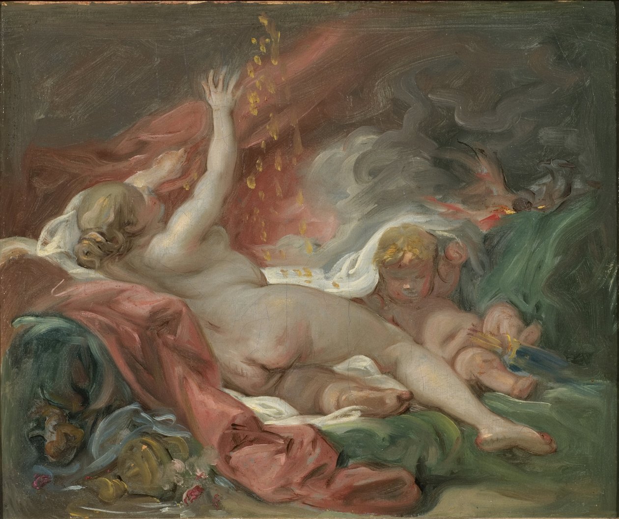 Danae, kirjoittanut Boucher, Francois (1703-1770). Öljy kankaalle. Mitat: 29 x 35 cm. Tukholman kansallismuseo tekijältä François Boucher