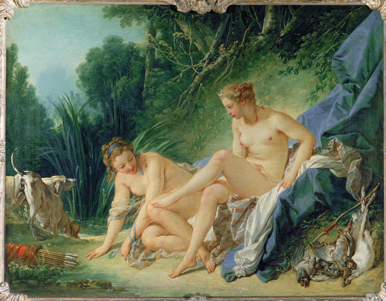 Diane au bain - Diana kylpee metsästyksen jälkeen. Hänen hiuksissaan oleva kuunsirppi on veden symboli, kuu ... tekijältä François Boucher