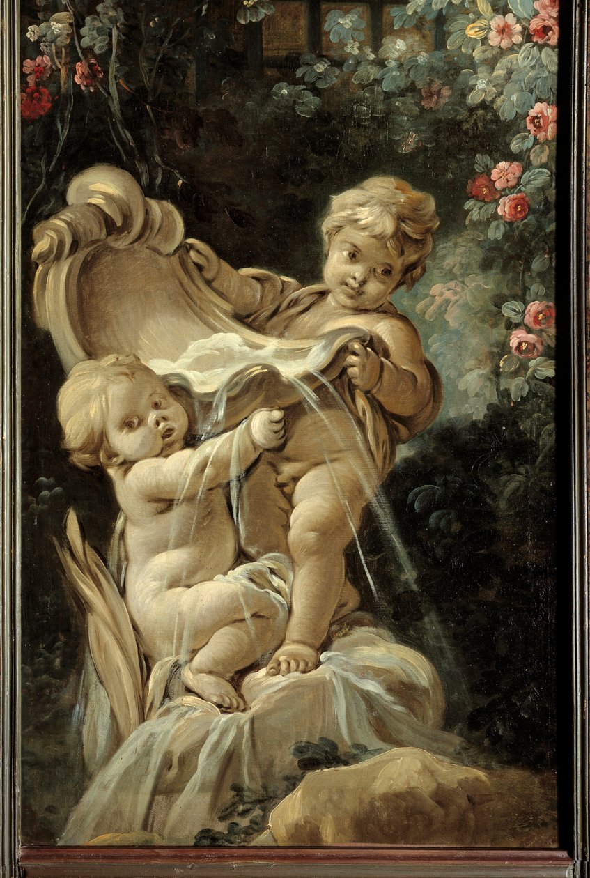 Olohuoneen ovipaneeli Demarteau: suihkulähde kahdella rakkaudella, joista toinen polvistuu. Francois Boucherin maalaus (1703-1770) tekijältä François Boucher