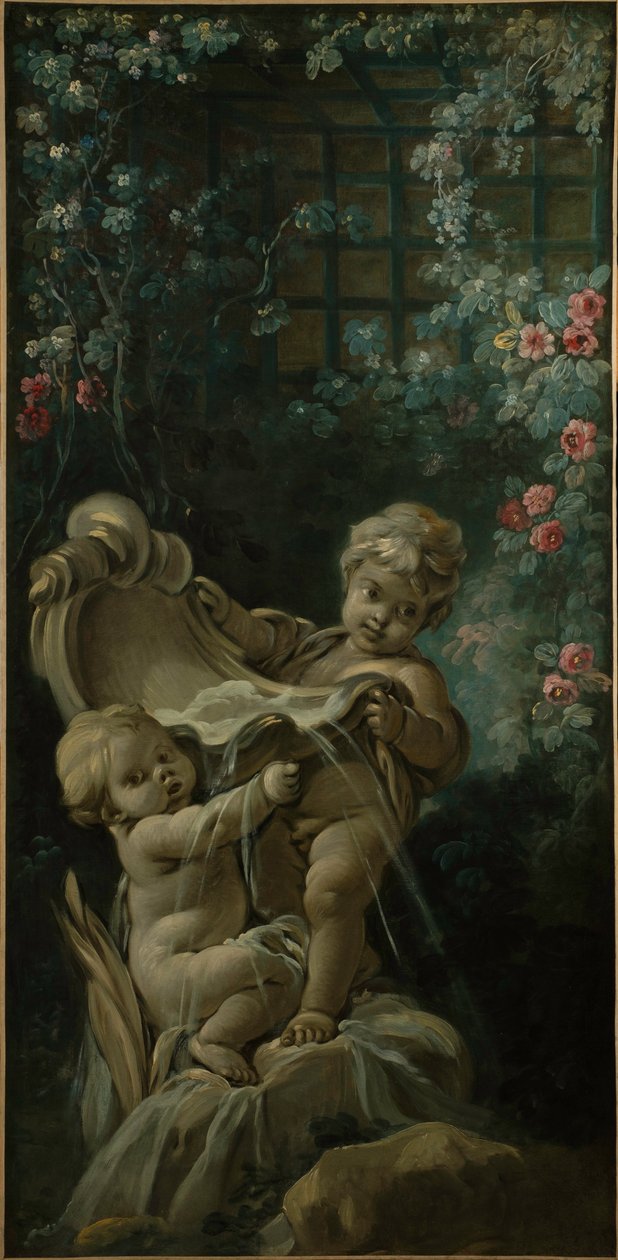Suihkulähde ja kaksi amoriinia, joista toinen on polvillaan tekijältä François Boucher