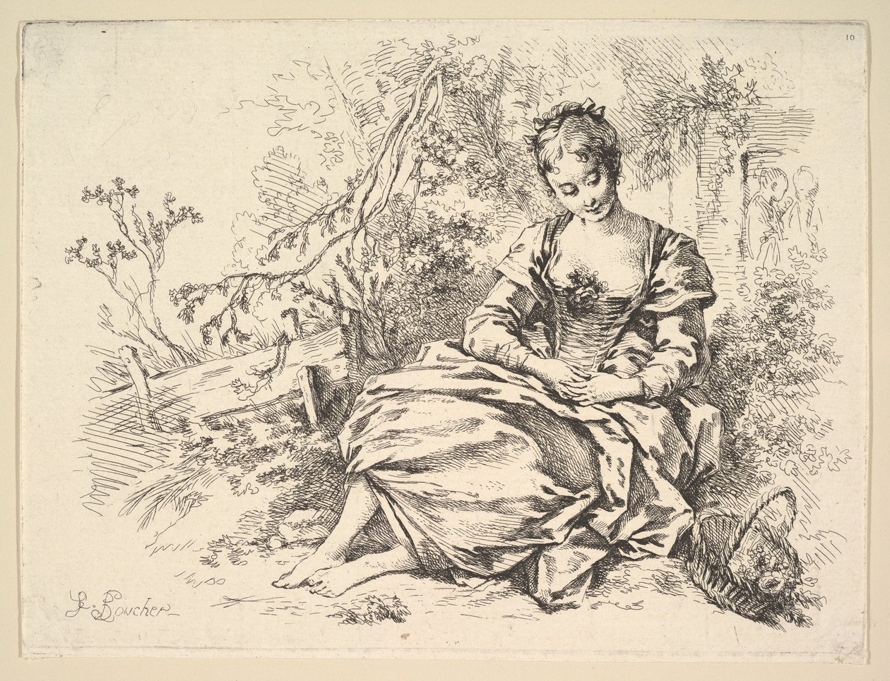 Tyttö maisemassa kukkakorin kanssa tekijältä François Boucher