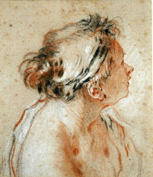 Nymfin pää (mustaa, valkoista ja punaista liitua vaaleanruskealle paperille). tekijältä François Boucher