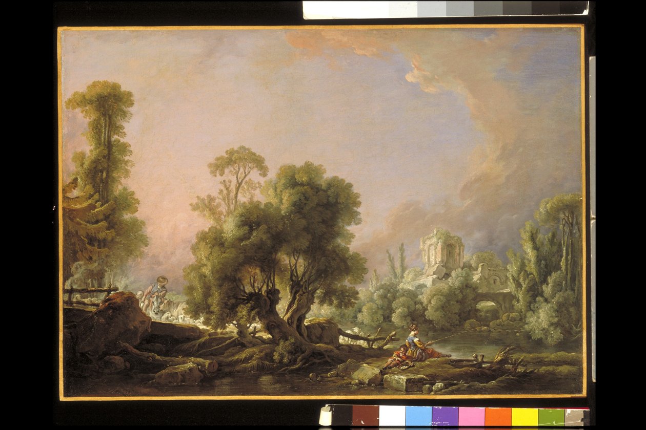Idyllinen maisema, jossa nainen kalastaa (öljy kankaalle) tekijältä François Boucher