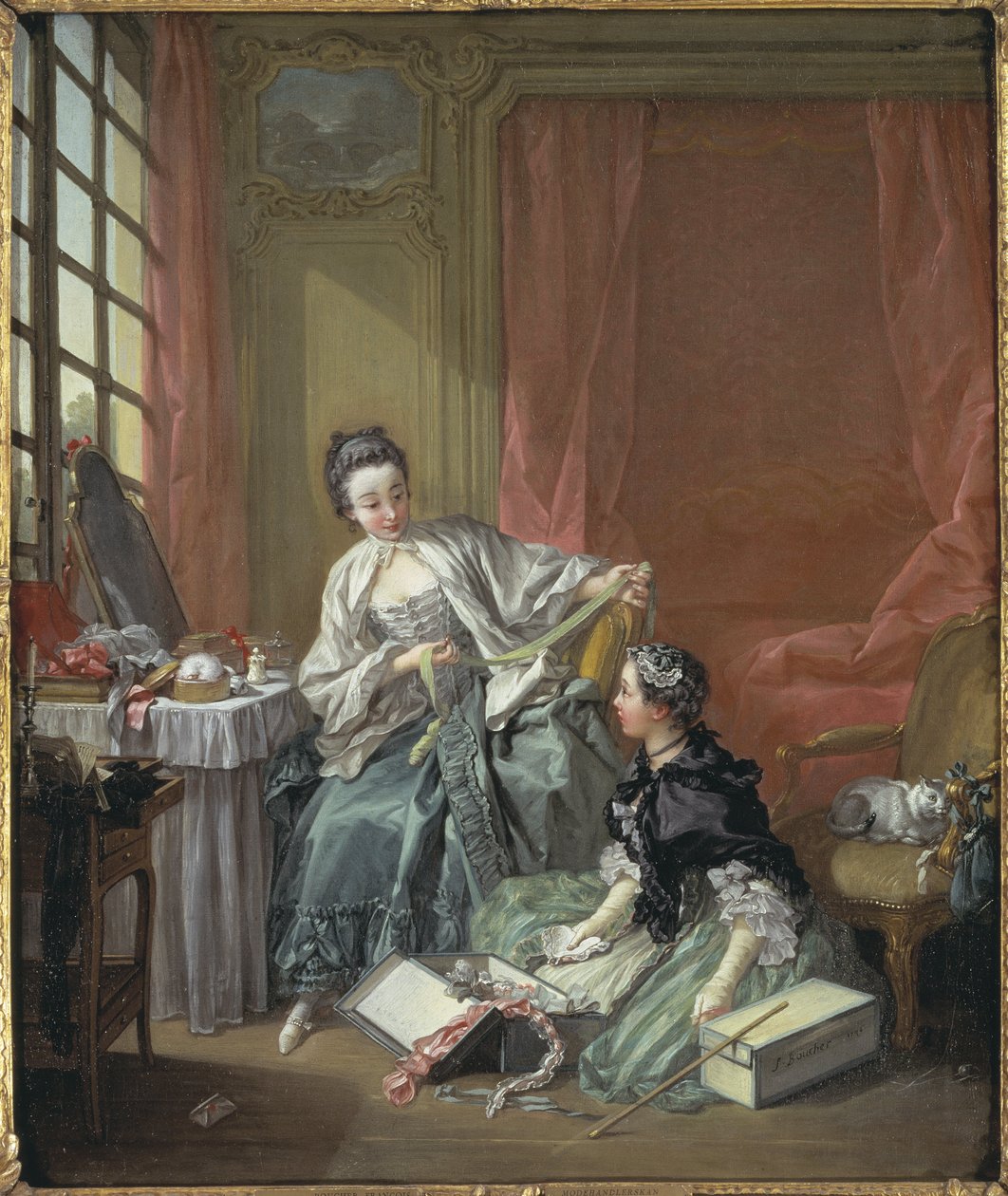 The Milliner, kirjoittanut Boucher, Francois (1703-1770). öljy kankaalle tekijältä François Boucher