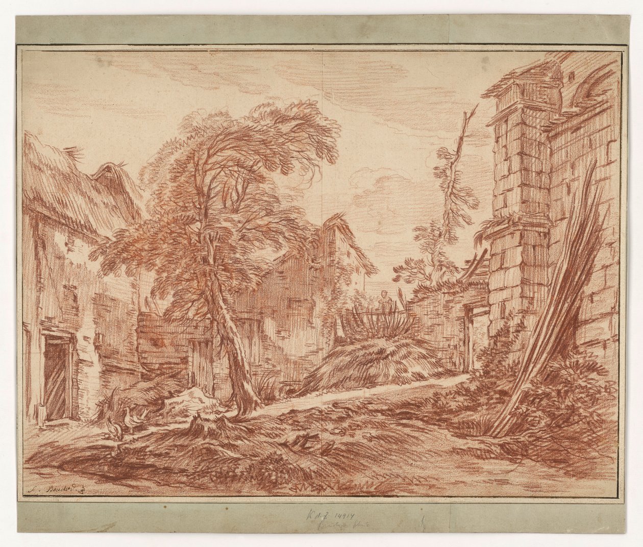 Maaseutumaisema, jossa on maatila ja raunioita tekijältä François Boucher