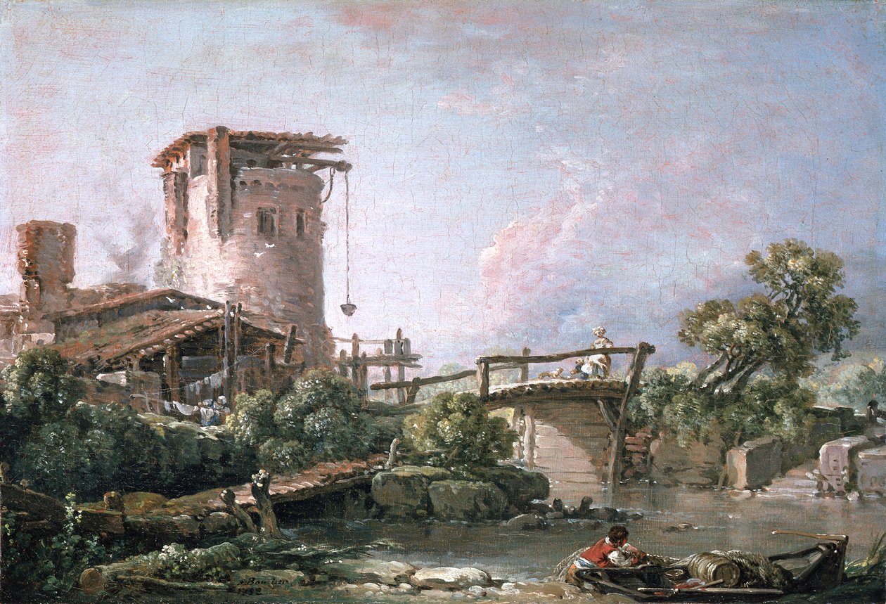 Maisema, jossa on torni ja silta tekijältä François Boucher