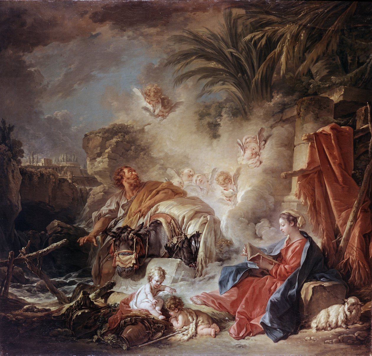 ""Lepää lennossa Egyptiin"" (Rest on the Flight to Egypt) François Boucherin (1703-1770) maalaus 1757 Eremitaaši, Pietari tekijältä François Boucher