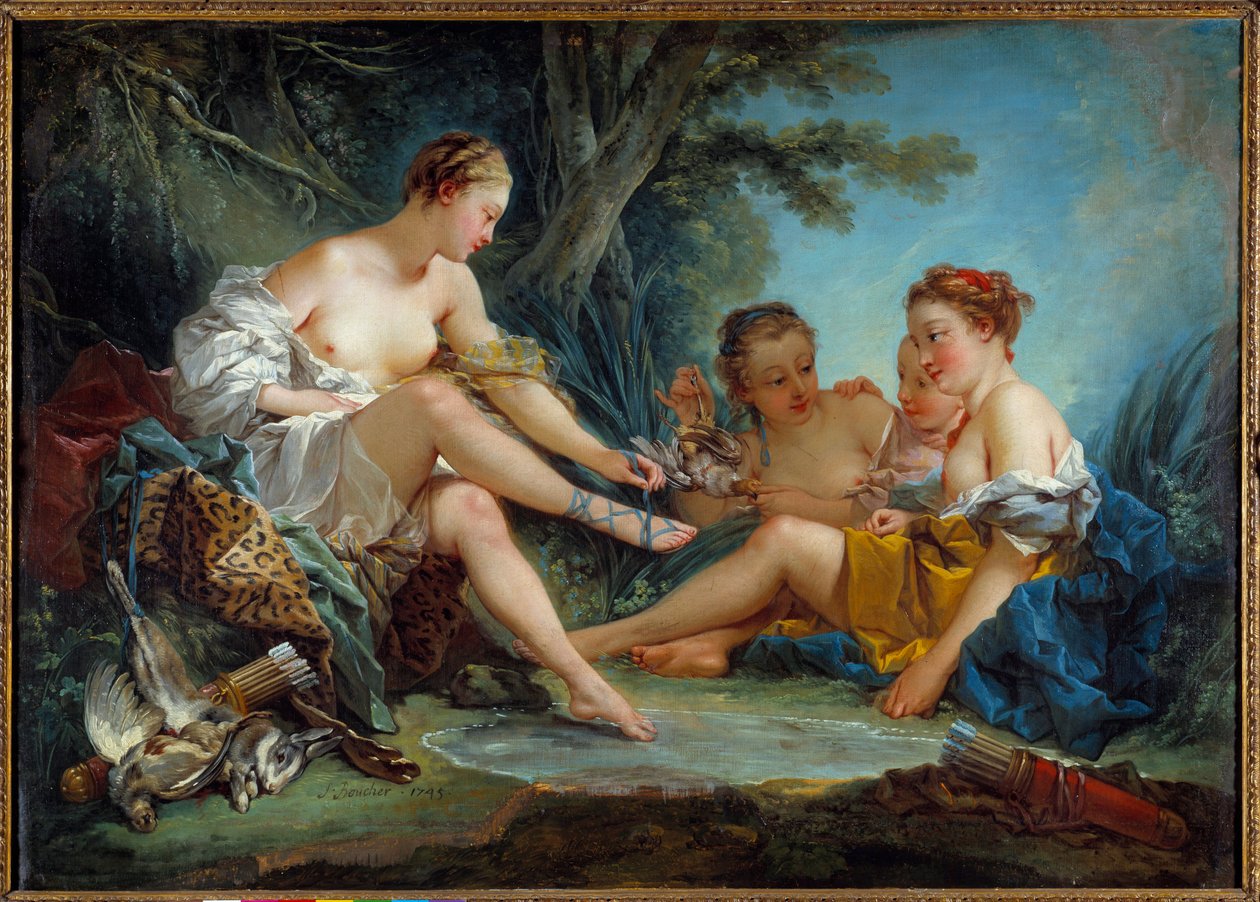 Le retour de la chasse de Diane maalaus, Francois Boucher (1703-1770) 1745 su. 0,94x1,31 m Pariisi. Musee Cognacq Jay - Dianen metsästyksen paluu. François Boucherin (1703-1770) maalaus 1745. 0,94 x 1,31 m. Cognacq Jay -museo, Pariisi tekijältä François Boucher