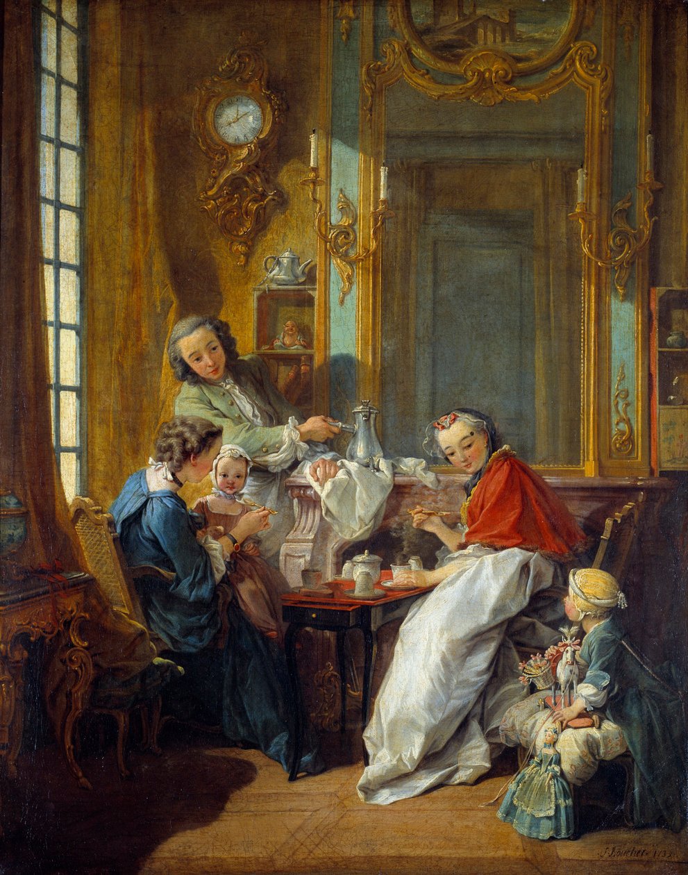 Lounaskohtaus porvarillisessa sisustuksessa. François Boucherin (1703-1770) maalaus 1739 su. 0,81x0,65 m tekijältä François Boucher