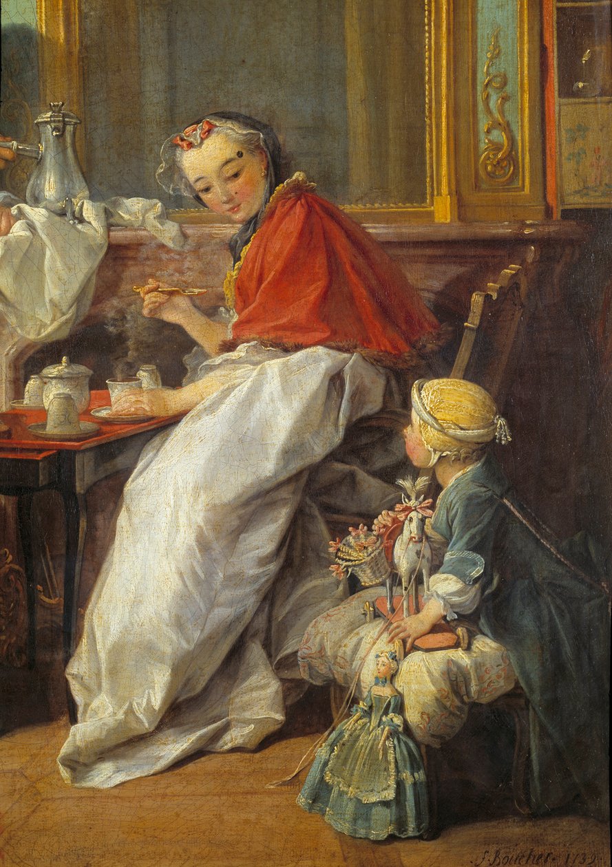 Äiti ja tytär. Yksityiskohta "" Aamiainen"". Tyttö nukkeineen katselee äitiään juomassa kuumaa suklaata. Francois Boucherin maalaus (1703-1770) tekijältä François Boucher