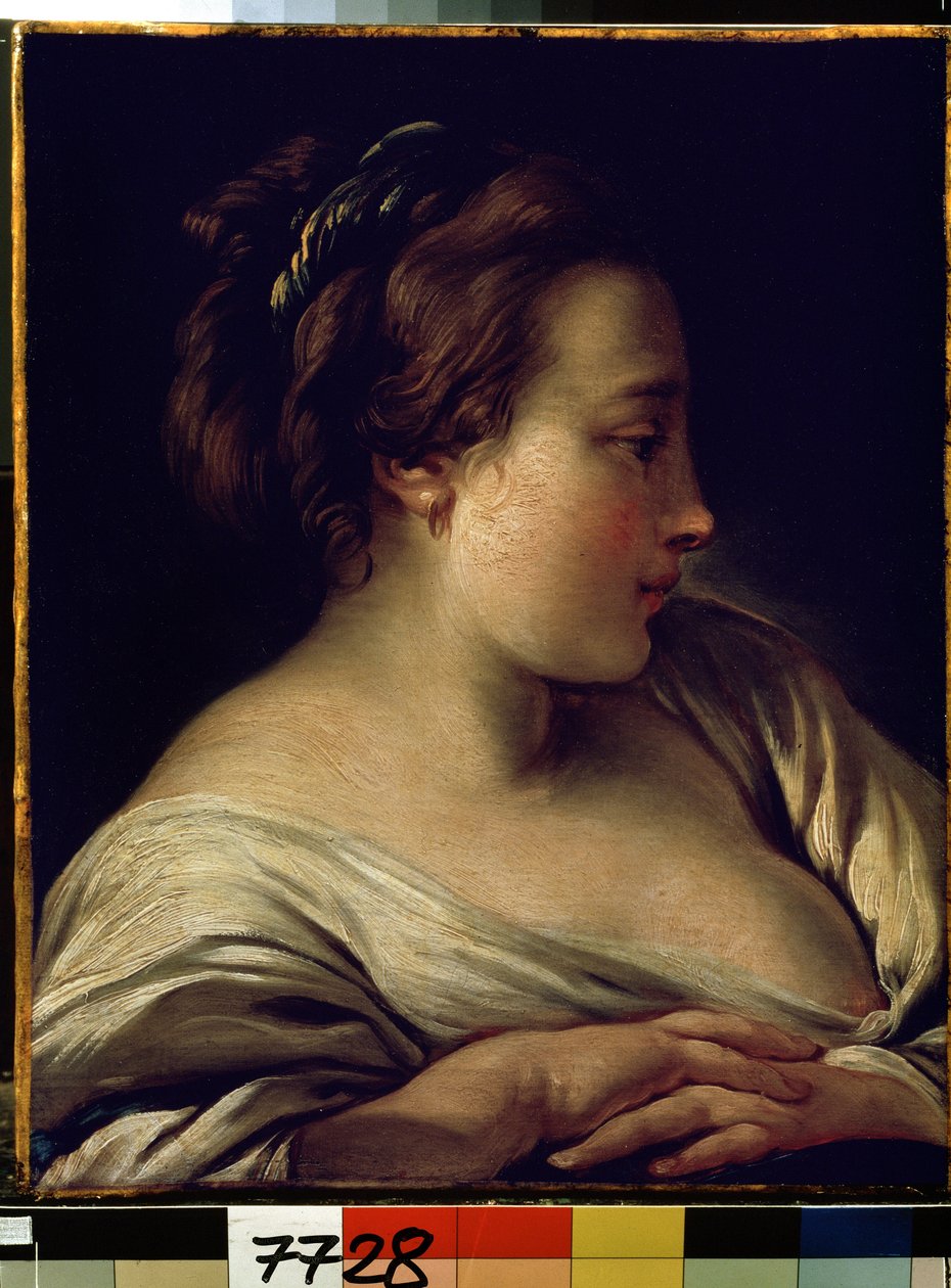 ""Nuoren tytön muotokuva"" (Tytön pää) François Boucherin (1703-1770) maalaus 1740-1750 Mitat 36x28 cm Eremitaaši, Pietari (Pietari) tekijältä François Boucher