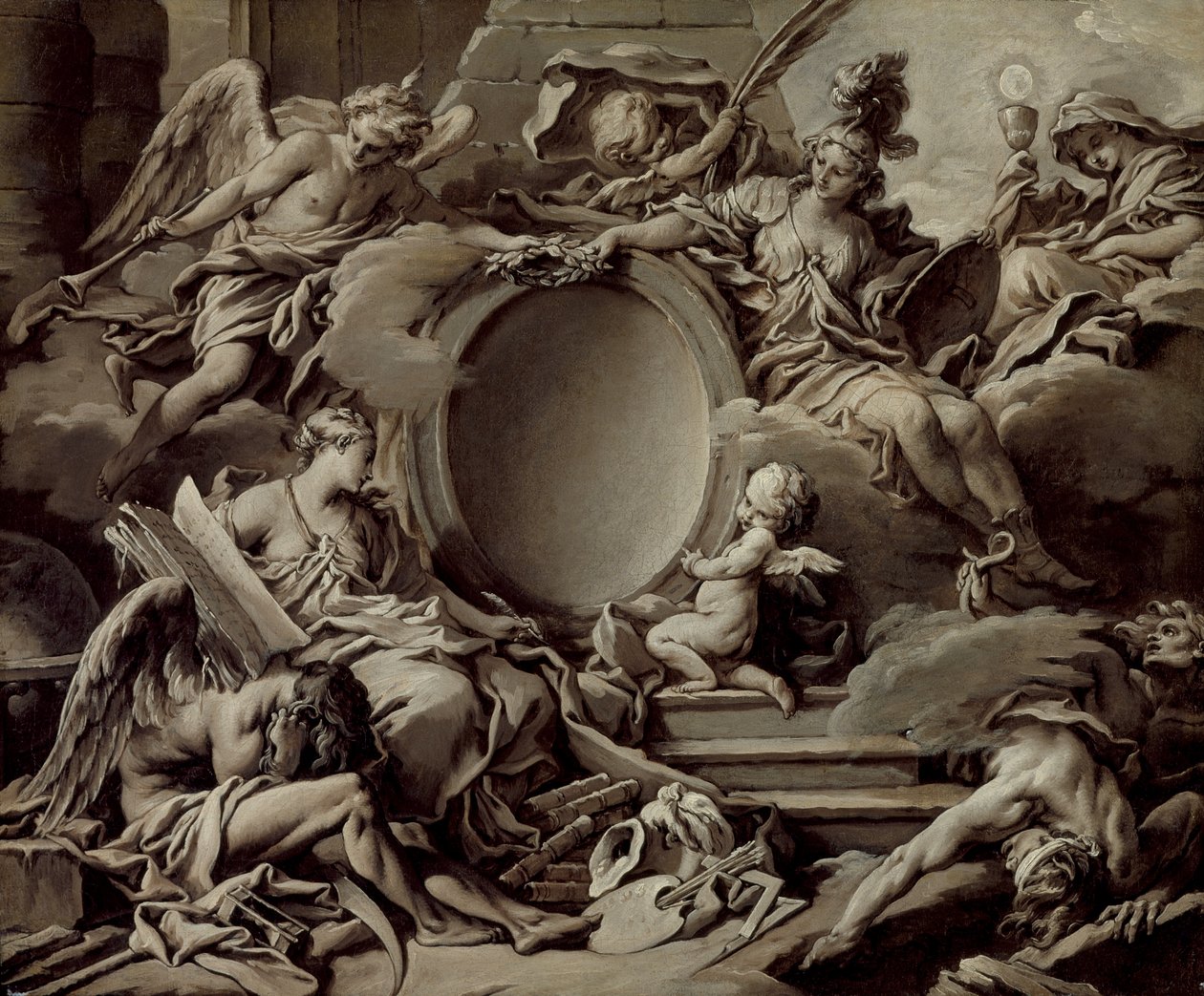 Kartussin luonnos: allegoria, jossa Minerva, maine, historia ja usko voittavat tietämättömyyden ja ajan tekijältä François Boucher