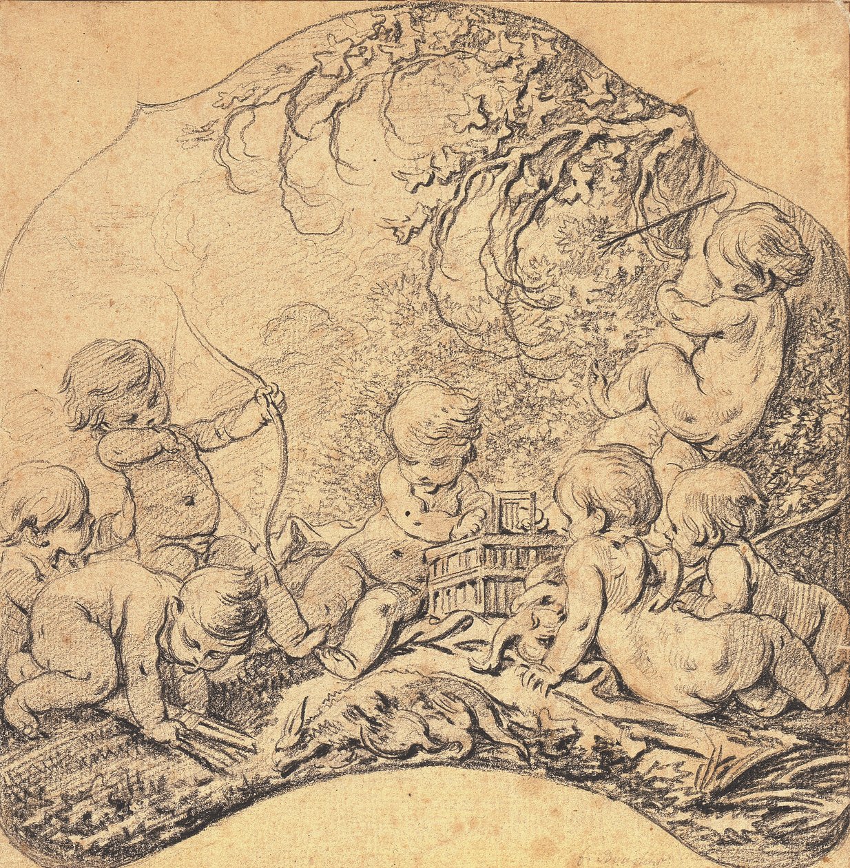 Putti maisemassa ampuu nuolia ja avaa häkkiä, etualalla metsästyspalkinto (paperilla musta liitu) tekijältä François Boucher