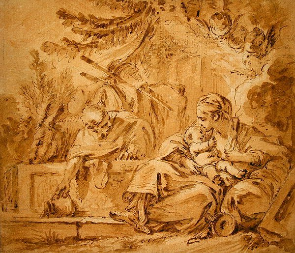 Lepää lennolla Egyptiin (kynä ja ruskea muste vaaleanpunaisella ja ruskealla pesulla paperilla) tekijältä François Boucher