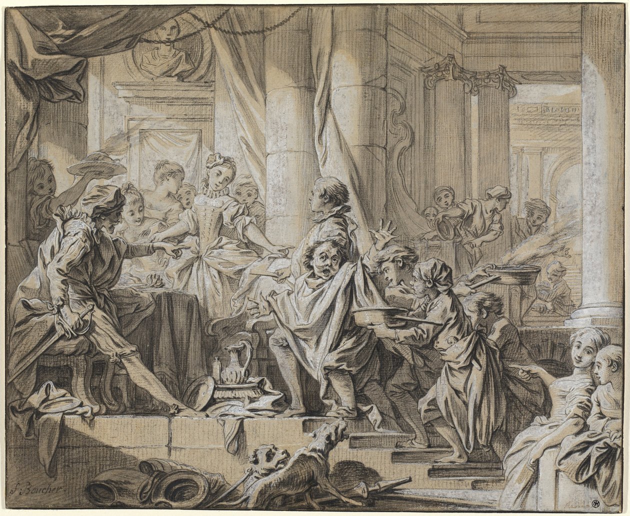 Sancho pakenee herttuan palvelijoita tekijältä François Boucher