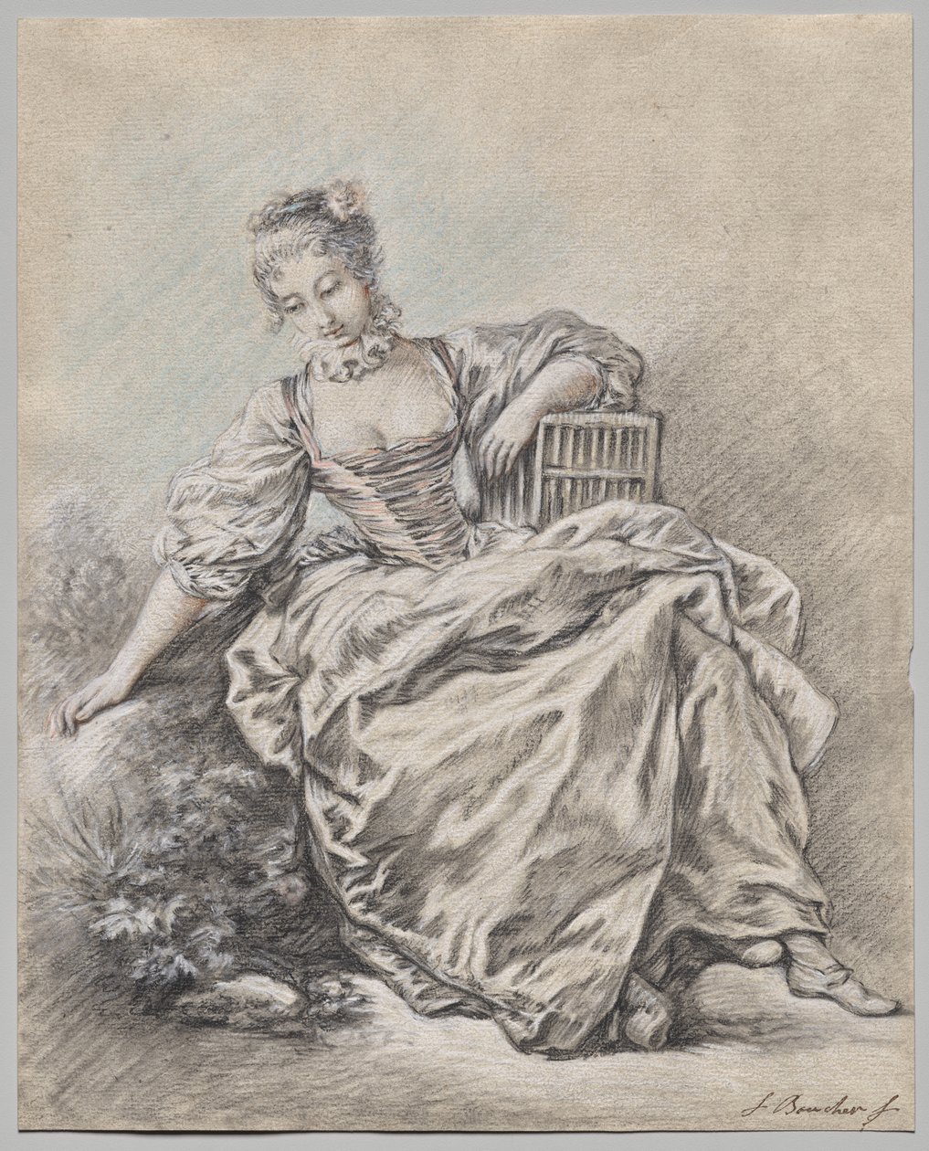 Istuva nainen, joka pitää kädessään lintuhäkkiä tekijältä François Boucher