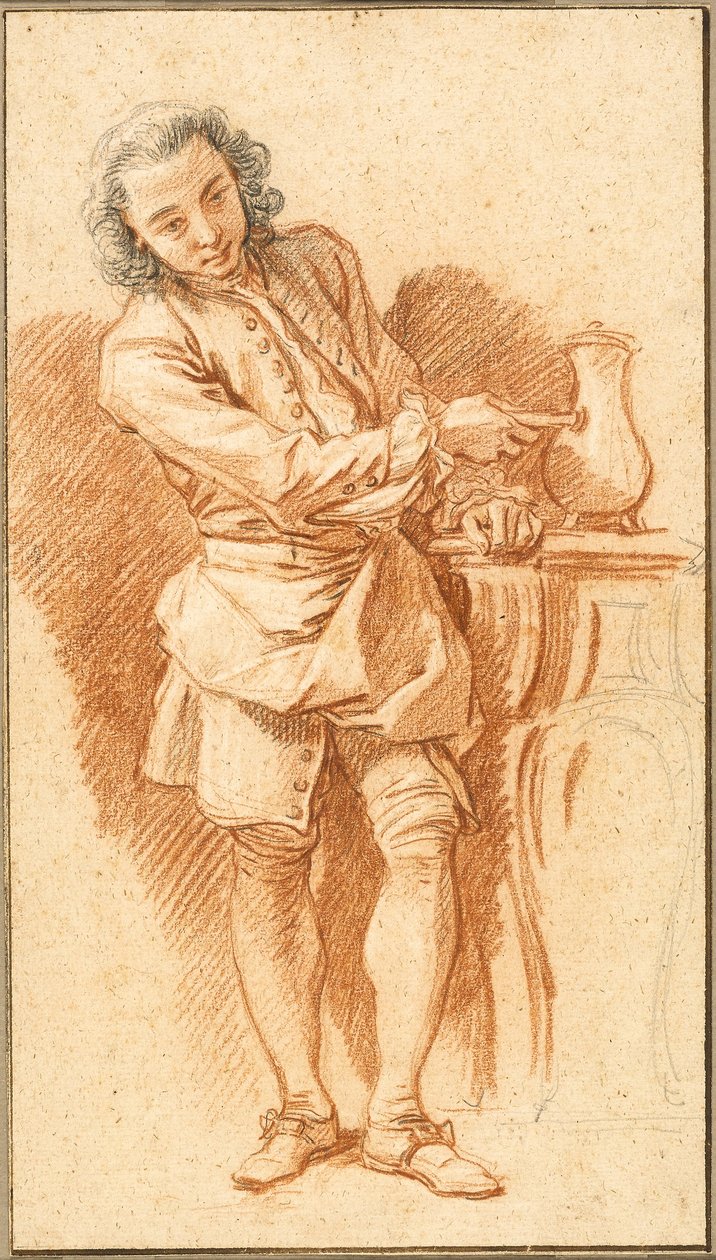 Tutkimus Valet ja kahvipannu, n.1739 (punaliitu, mustaa liitua ja grafiittia, korotettu valkoisella liidulla, vaalealle paperille). tekijältä François Boucher