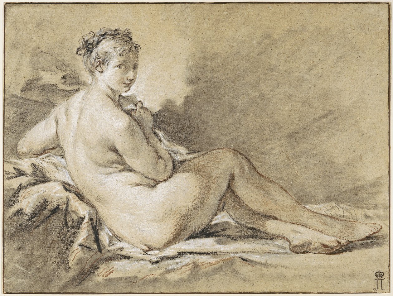 Tutkimus naisesta alastonkuvasta - Francois Boucher (1703-1770). Sanguine, mustavalkoinen liitu paperille tekijältä François Boucher