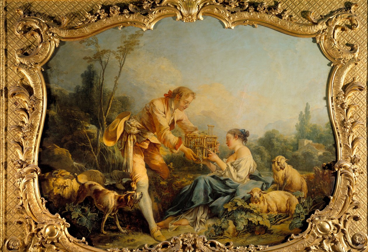 Omahyväinen pastoraalinen pastoraalinen kohtaus. François Boucherin (1703-1770) maalaus 1737 Pariisi, arkistot nationales tekijältä François Boucher