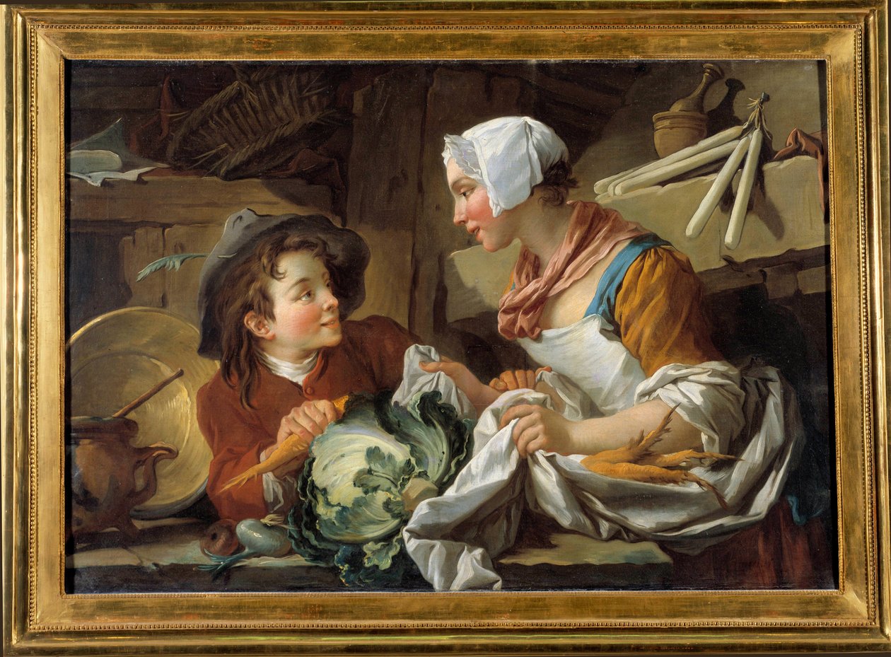 Kokki ja nuori mies François Boucherin maalaus (1703-1770) 1735. Musee de Sainte Osoite tekijältä François Boucher