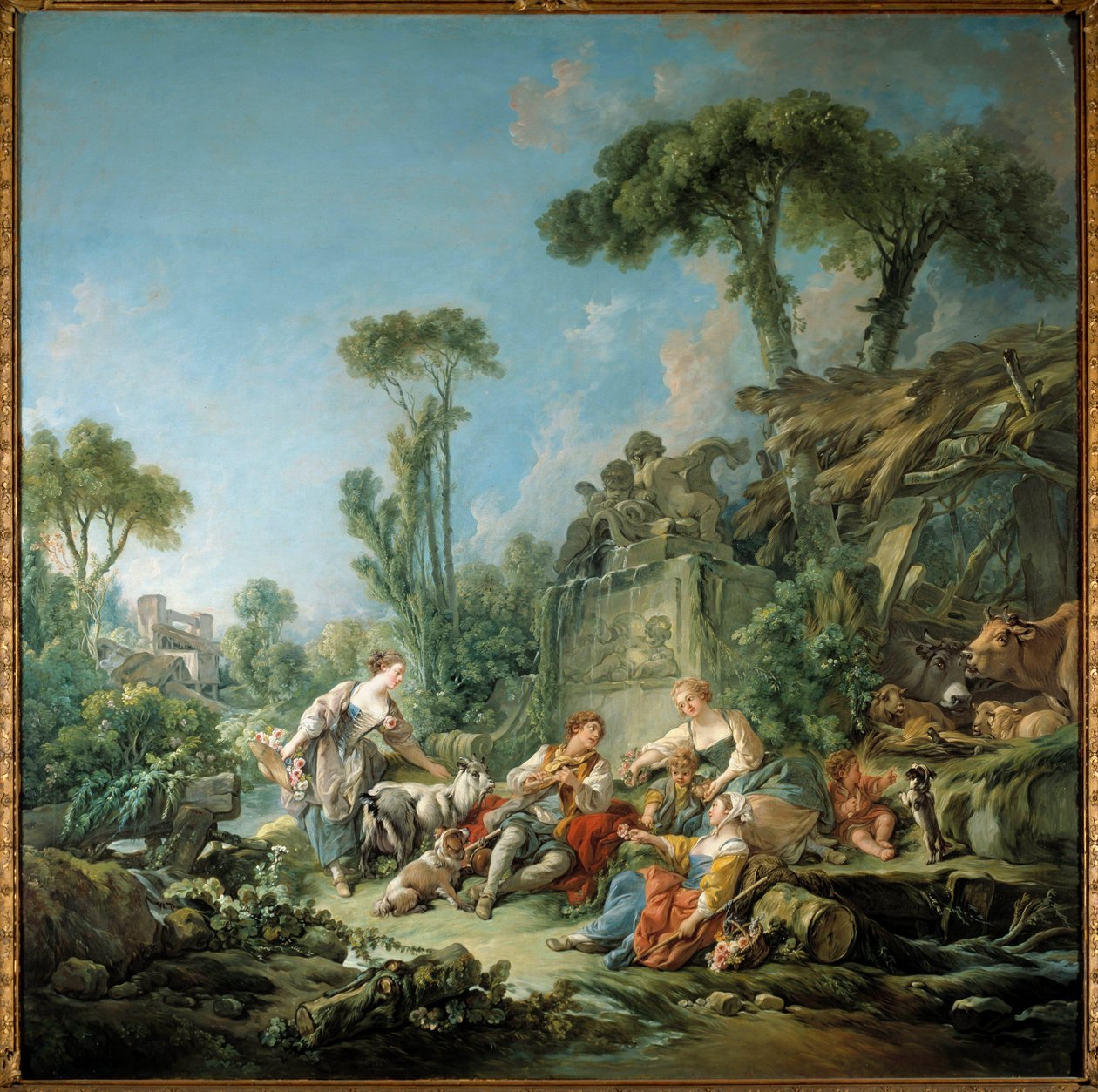Bukolisen paimenen idylli. François Boucherin (1703-1770) maalaus 1768 su. 2,4x2,37 m. New York. Metropolitan museo tekijältä François Boucher