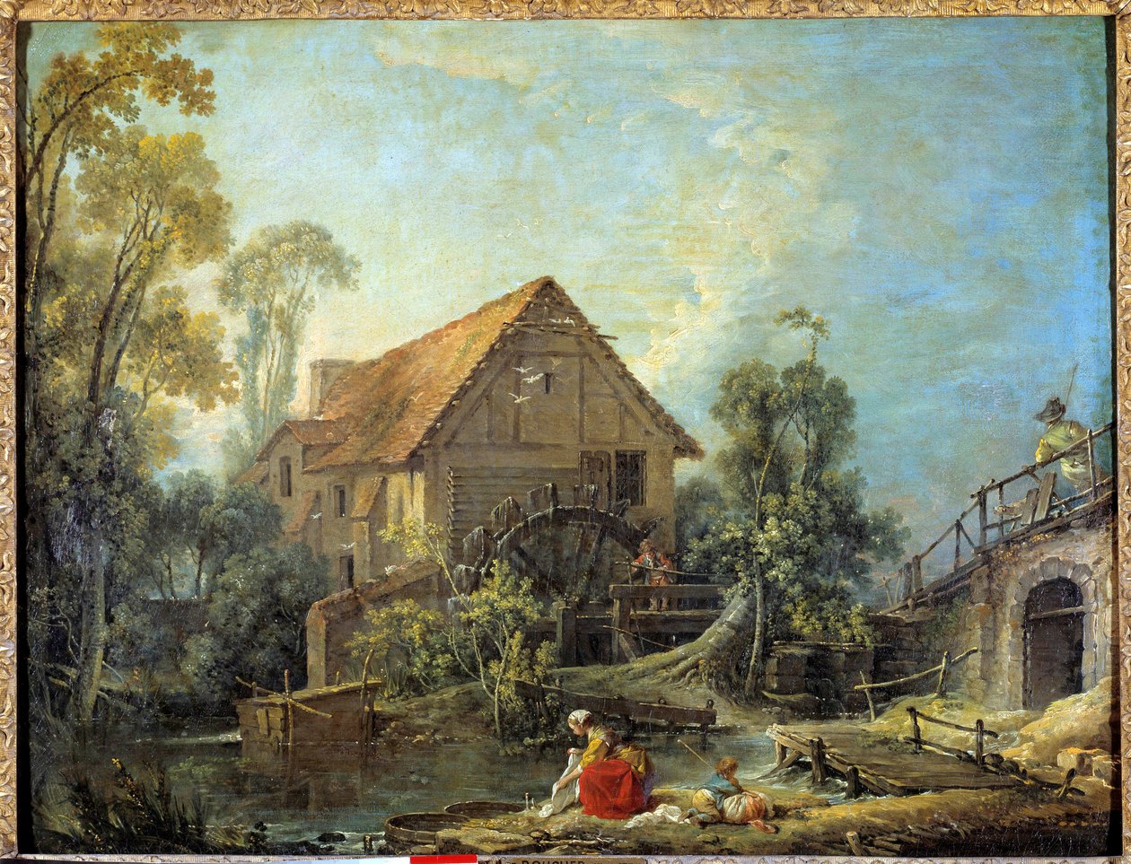 Mylly Nainen pesee pyykin purossa lähellä vesimyllyä. François Boucherin (1703-1770) maalaus 1751 Su. 0,66 x 0,84 m. - Mylly. Nainen pesemässä vaatteita purossa lähellä vesimyllyä. François Boucherin (1703-1770) maalaus 1751. 0,66 tekijältä François Boucher