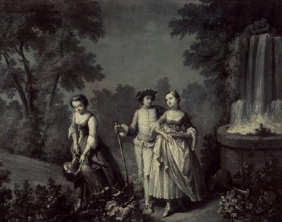 Kaksi tyttöä ja nuori puutarhanhoito lähellä suihkulähdettä (kynän ja pesun välissä) tekijältä François Boucher