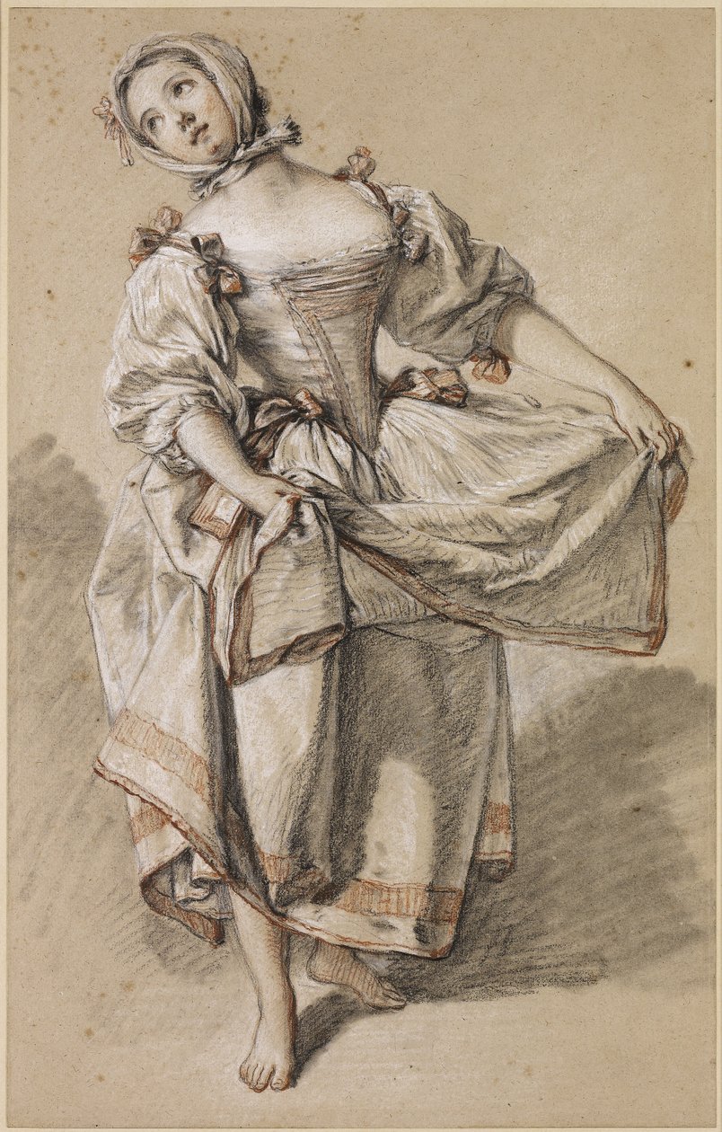 Nuori maalaistyttö tanssii, c. 1765-70 (musta, punainen ja valkoinen liitu ja kanto kiillotetulla paperilla) tekijältä François Boucher