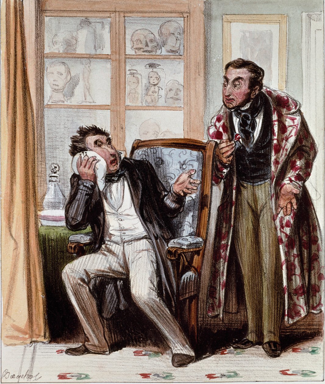 Hammaslääkäri. Sarjakuva potilaasta, jolla oli hampaiden raivo, tuli kääntymään hammaslääkärin puoleen. Kaiverrus Bouchot, noin 1830. Paris, Musee Carnavalet. tekijältä Francois Bouchot
