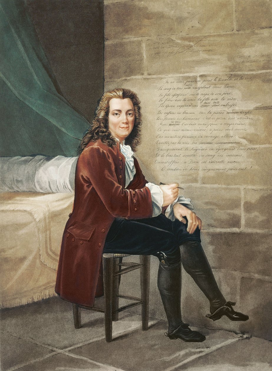 Voltaire vangittuna Bastiljissa kirjoittamassa La Henriadea vuonna 1728. tekijältä Francois Bouchot