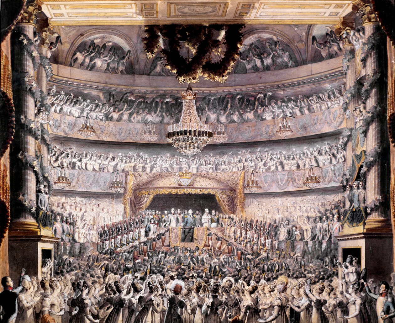 Louis XVIII (1755-1824) osallistuu Odeonin teatteriin Pariisin kansalliskaartin järjestämissä juhlissa vuonna 1819. Piirustus Francois Buffet (1789-1843) Sun. 36x44 cm Versailles, musee du chateau tekijältä Francois Buffet