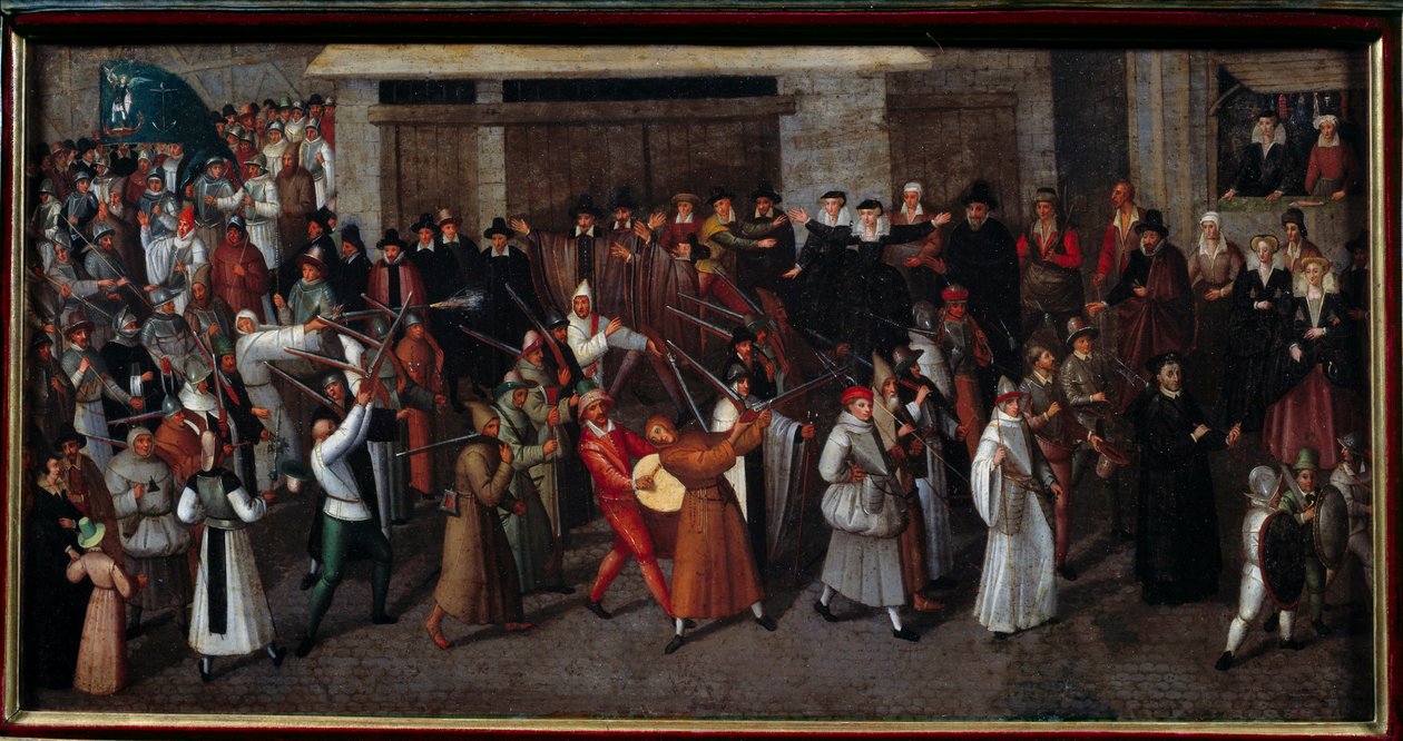 Katolisten ja protestanttien väliset uskonnolliset sodat: "" Liigan kulkue Notre Damen lopussa vuonna 1593"". Francois II Bunelin (1522-1599) maalaus tekijältä Francois Bunel